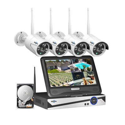 [10CH Expandable,3MP] Wireless Security Camera System with 10in LCD 2K Monitor, 4Pcs 3MP Outdoor Indoor Cameras with One-Way Audio, Waterproof, Motion Detect, 1TB HDD/Cloud Storage, Work with Alexa