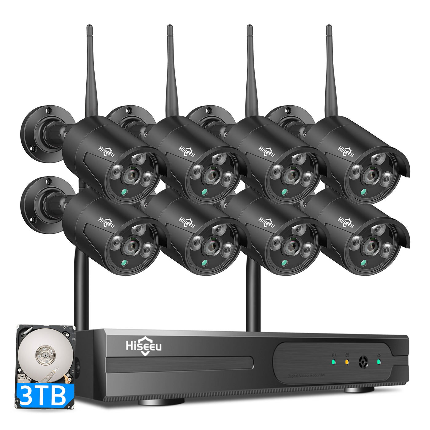 [Expandable 10CH,5MP]Wireless Black Security Camera System with 3TB Hard Drive with One-Way Audio,10 Channel NVR 8Pcs 5MP Night Vision WiFi Security Surveillance Cameras DC Power Home Outdoor