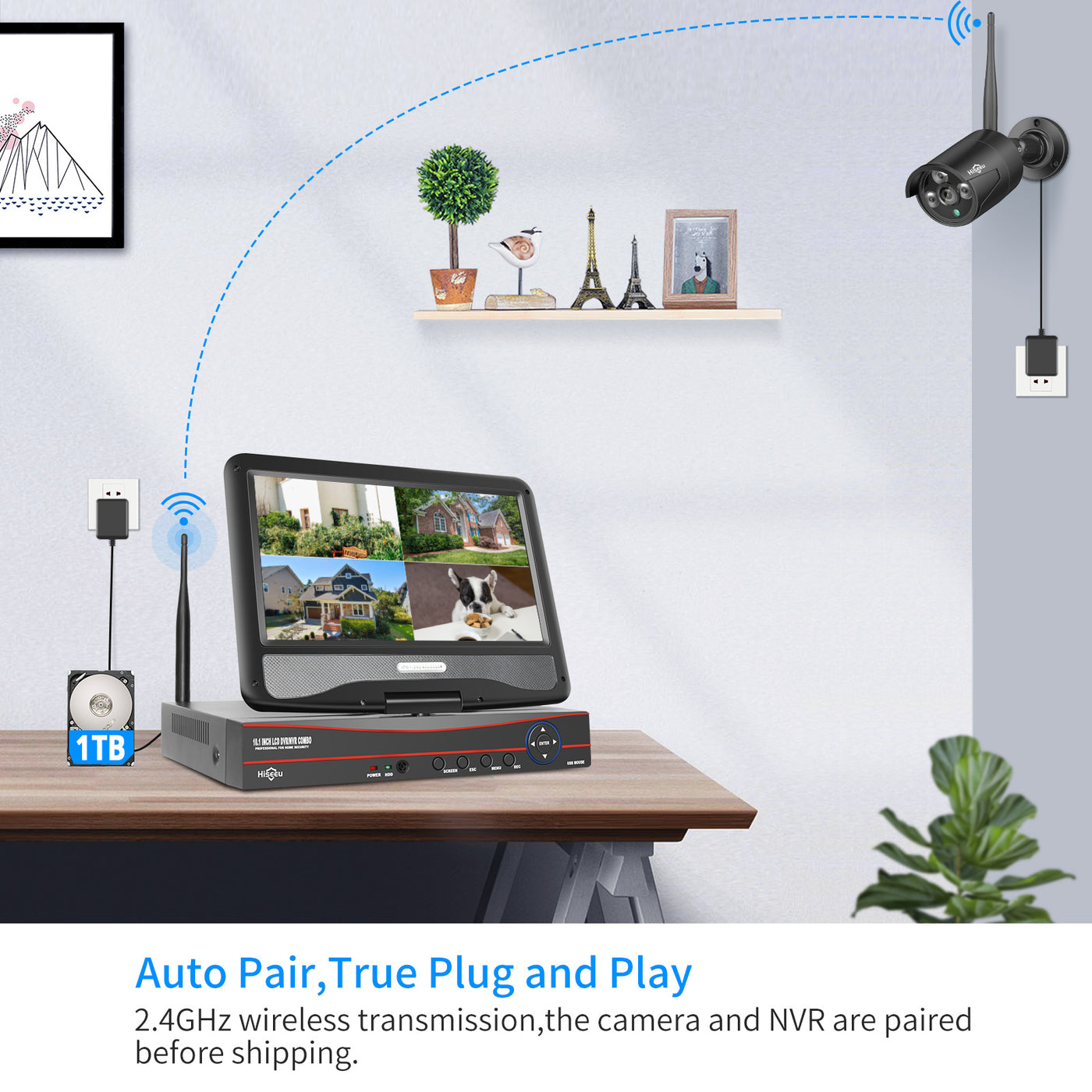 [10CH Expandable,3MP] Wireless Security Camera System with 10.1" LCD 5MP Monitor, 4Pcs 3MP Outdoor Indoor Cameras with One-Way Audio, DC 12V Plug-in, Waterproof, Motion Detection, 1TB Hard Drive