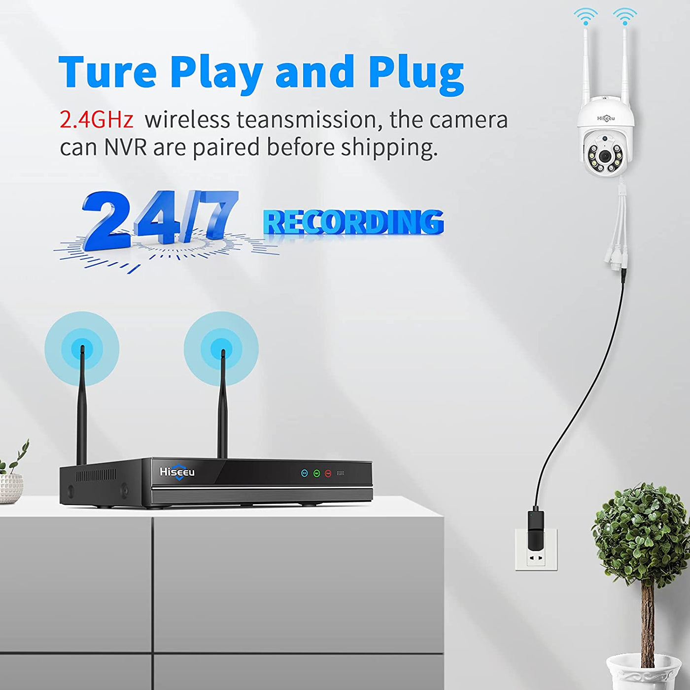 【2K,Pan/Tilt/ Control】 Hiseeu AI Human Detection Wireless Security Camera System,Two Way Audio, Color Night Vision,Mobile&PC Remote,Outdoor IP66 Waterproof, 7/24/Motion Record,Motion Alert（refurbished）