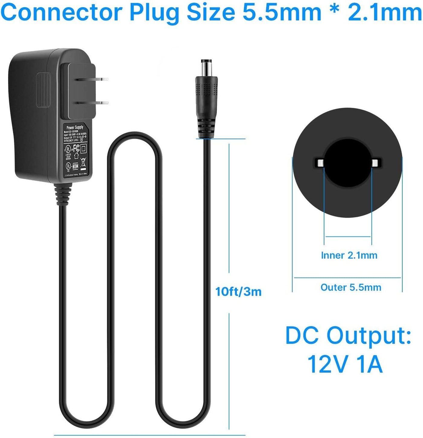 AC 100-240V to DC 12V 1A 1000mA 12W Power Supply 5.5 x 2.1mm FCC 10 Feet Cable Power Supply (12V-1000mA) Power Adapter for Security Cameras