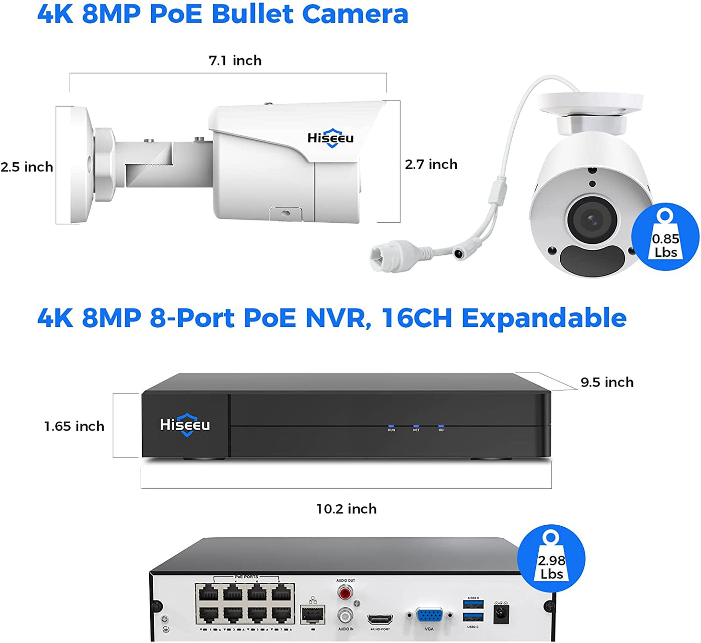 [121°Wide View Angle] 4K Camera PoE Camera,8MP IP Camera Outdoor&Indoor,3840*2160,100ft Night Vision,1-Way Audio, WDR, Human/Vehicle Detect, IP67 Waterproof,Work w/PoE NVR Home Surveillance Kit