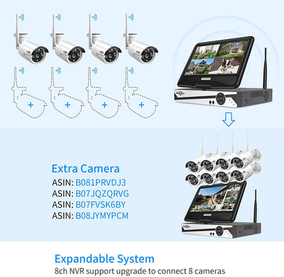 [10CH Expandable,3MP] Wireless Security Camera System with 10in LCD 2K Monitor, 4Pcs 3MP Outdoor Indoor Cameras with One-Way Audio, Waterproof, Motion Detect, 1TB HDD/Cloud Storage, Work with Alexa