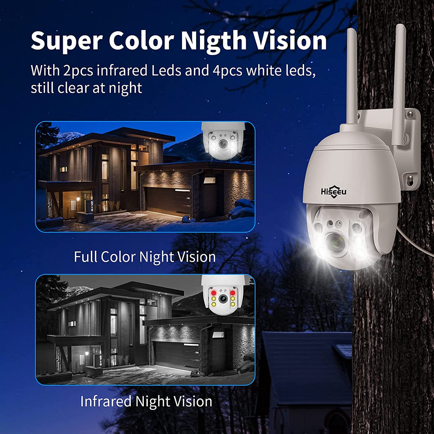 Wireless Security Camera Outdoor, 3MP Color Night Vision WiFi Home Camera Pan&Tilt Motion Detection, Siren/Motion/Light Alarm, 2-Way Audio, Work with Alexa