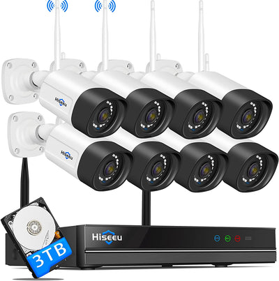 【Dual Wi-Fi,2-Way Audio】 2K WiFi Security Camera System,3TB Hard Drive,3 Megapixel, 8Channel CCTV System,Mobile&PC Remote,Outdoor IP66 Waterproof,Night Vision,Motion Alert,Plug&Play,7/24/Motion Record（Refurbished）
