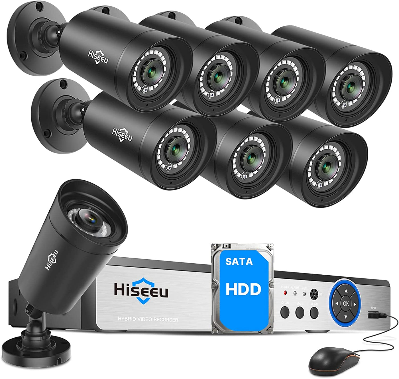 8CH Hiseeu Security Camera System, 3TB HDD Home CCTV Camera Security System w/8pcs 1080P Indoor&Outdoor Security Cameras, Face Detection, Instant APP Alert, Playback, Night Vision for 7/24 Record（Refurbished）