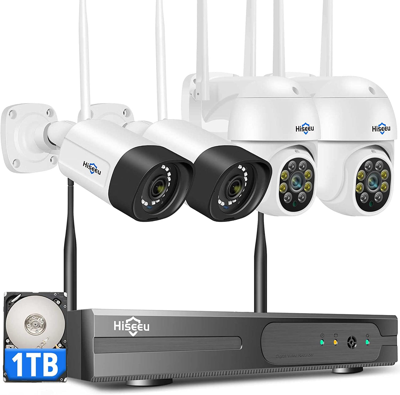 Hiseeu 2K WiFi Security Camera System Outdoor 3MP Dome PTZ Cameras and Bullet Cameras Surveillance Mobile&PC Remote,IP66 Waterproof,Night Vision,7/24/Motion Record,Motion Alert,Two Way Audio（refurbished）