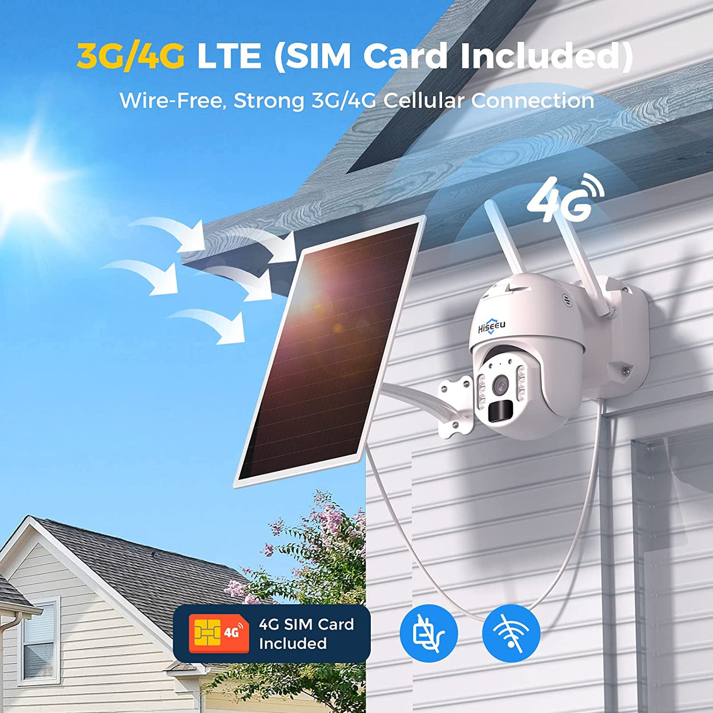 Hiseeu Cámara de seguridad celular 4G LTE sin WiFi, visión nocturna a color  HD 2K Cámara al aire libre inalámbrica alimentada por energía solar