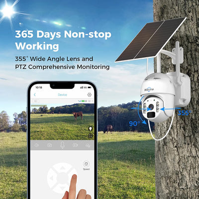 Wireless 4G LTE Cellular Security Camera, 2K Solar Powered Outdoor Camera, No WiFi, PTZ, Color Night Vision, 2-Way Audio, PIR Detection, IP66 Waterproof