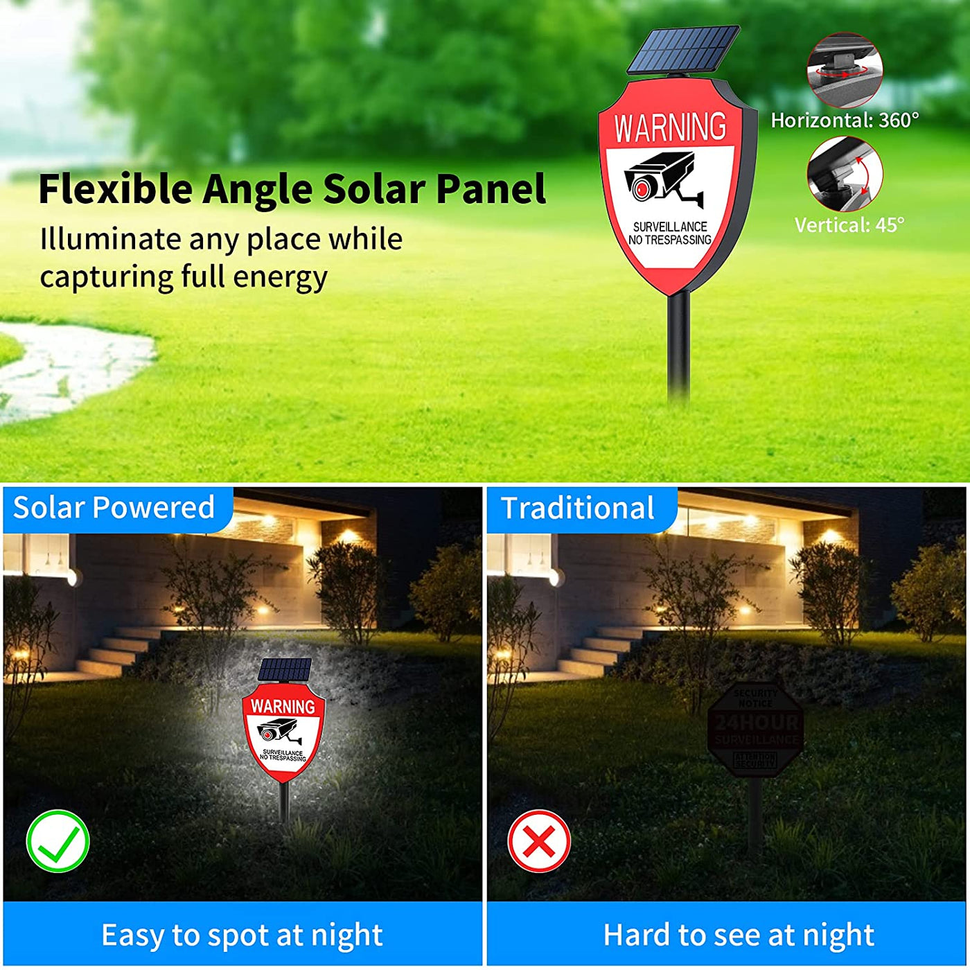 【Solar Powered,Yard Signs】 Wireless Solor Powered Camera Signs Fake Camera Auto Night Mode IP65 Waterproof Camera for Yard